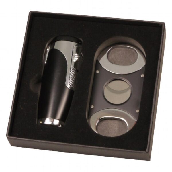 Zigarren-Feuerzeug-Set Sky 3er Jet chrom-schwarz plus Cutter